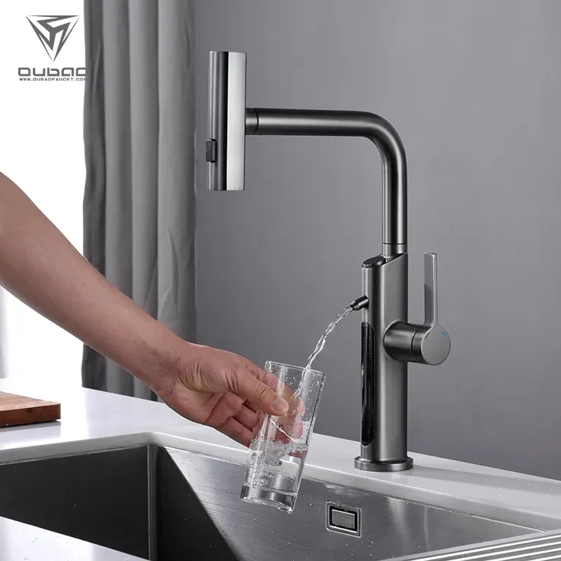 New type of hot and cold faucet with a pull-out waterfall nozzle and LED digital display screen