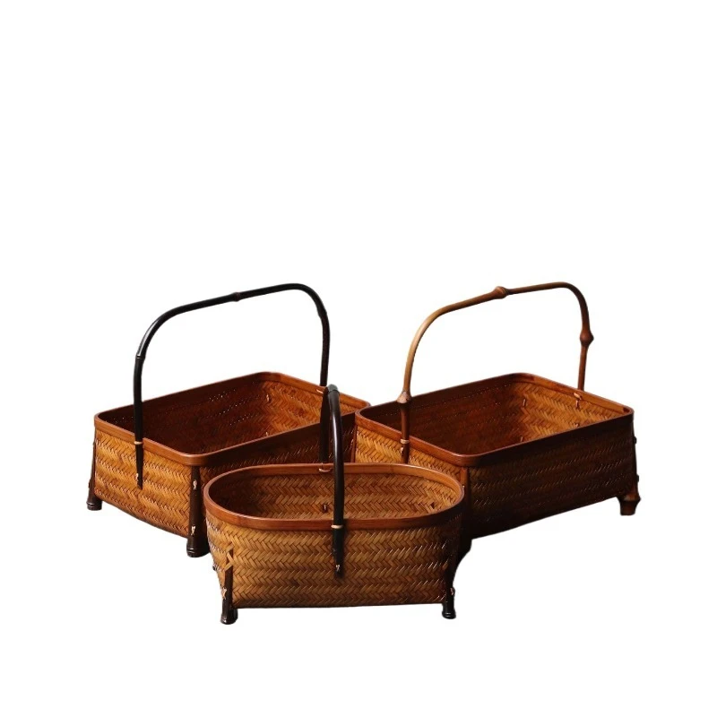 

Handmade traditional bamboo handicrafts food box lid retro woven basket tea packaging zen Chinese storage bamboo tea set