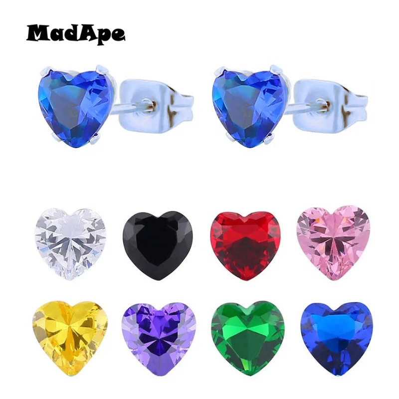 MadApe Classic Heart Zircon Earrings Stainless Steel Silver Color Earrings For Women And Girl Heart Stud Earrings For Valentine