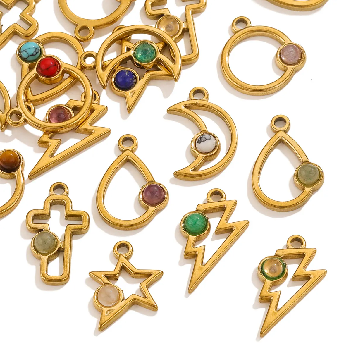 5 Stuks Van Roestvrij Staal Geometrische Waterdichte Pvdgold Plated Charm Set Natuursteen Pendantdiyarmband Ketting Oorbellen Sieraden