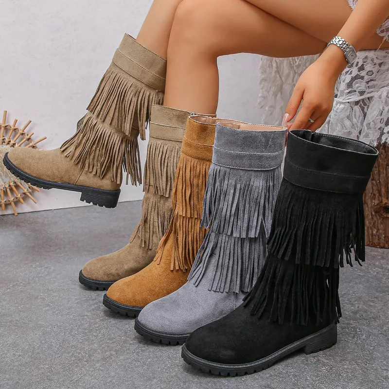 

2025 New Women's Mid-calf Boots Fashion Tassel Round Toe Side Zipper Square Heels Large Size Sexy Elegant Women's Fashion Boots