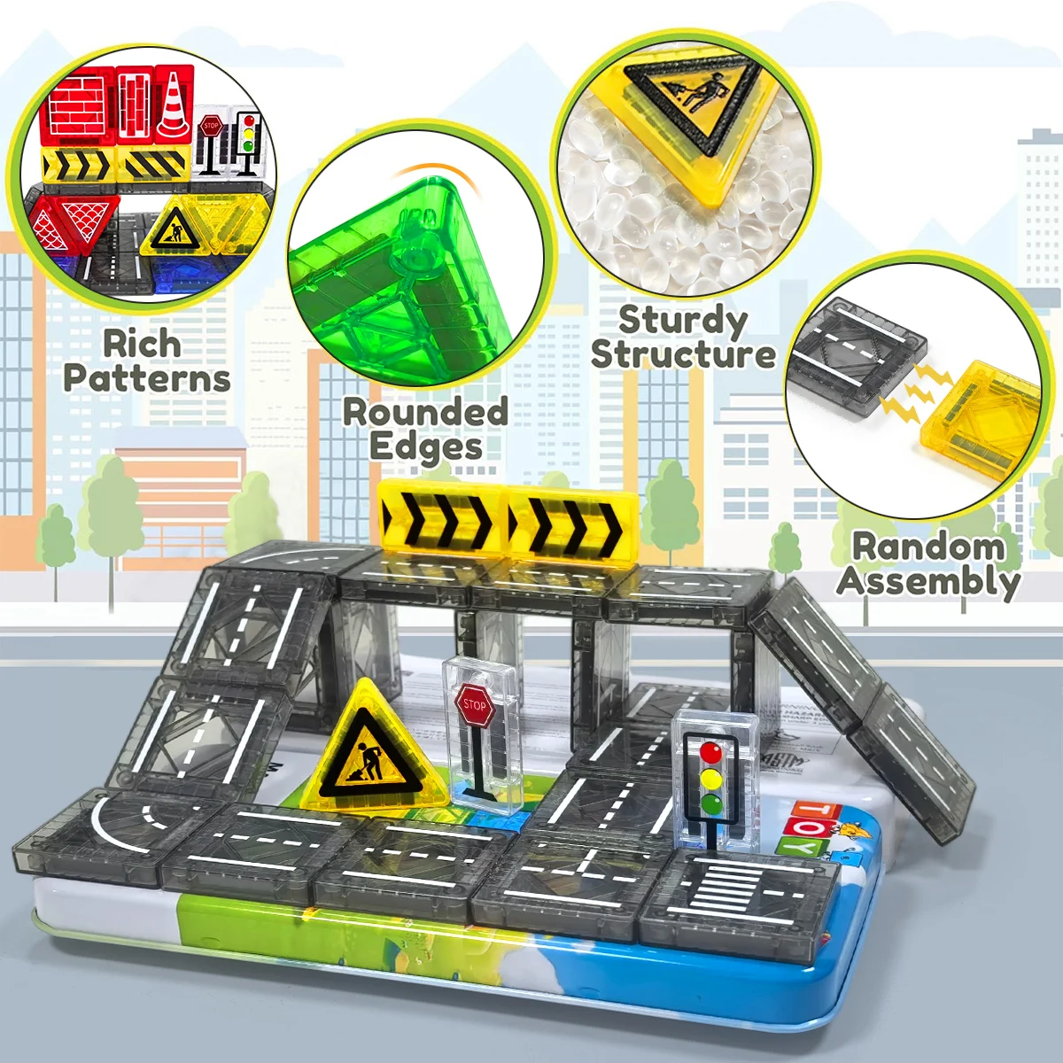 Ensemble de Construction de route magnétique, jouets pour enfants, blocs de Construction magnétiques, jouets éducatifs Montessori avec boîte en fer, 32/64 pièces