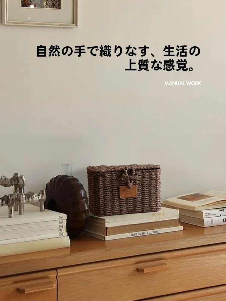 

Плетеная вручную японская корзина для хранения на рабочем столе, коричневая, с крышкой, для чайного столика, органайзер для мелочей, поднос для хранения на каждый день