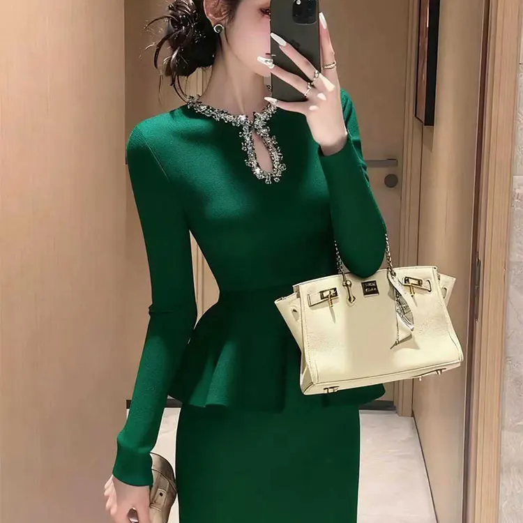 

Elegant Green Suit Dress Set High-End Precision Lady's Outfit Commute Style A-Line Polyester Fiber Winter Casual Mid-Aged Women