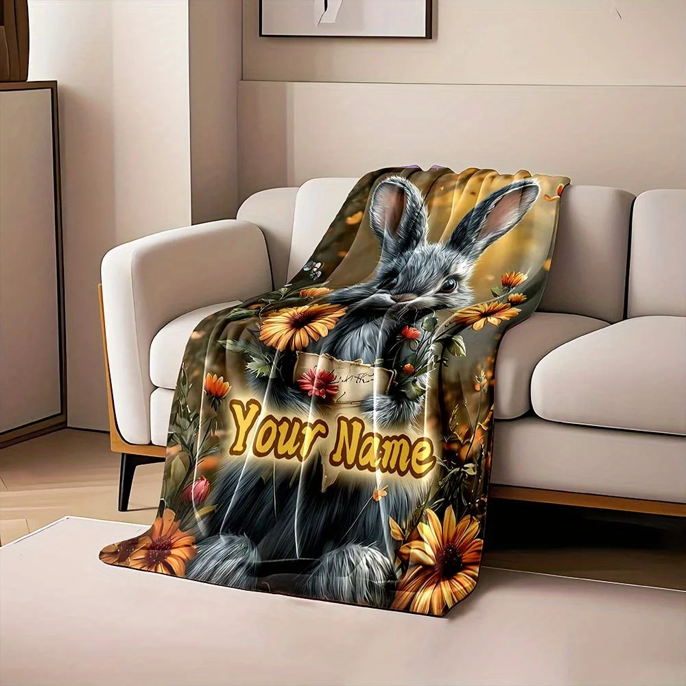 Personalized Rabbit Floral Blanket Throw Cozy Home Decor Gift for Boyfriend Girlfriend Wedding Anniversary Year Custom Keepsake