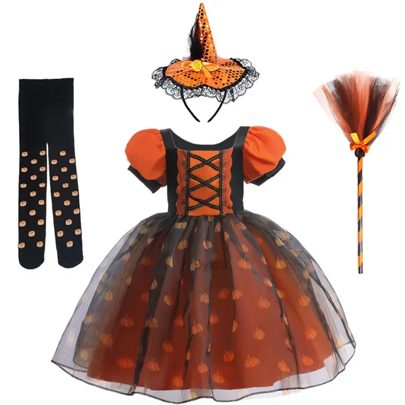 여자를위한 마녀 할로윈 의상 어린이 공주 버블 슬리브 호박 메쉬 카니발 파티 드레스 변장 무서운 코스프레 어린이