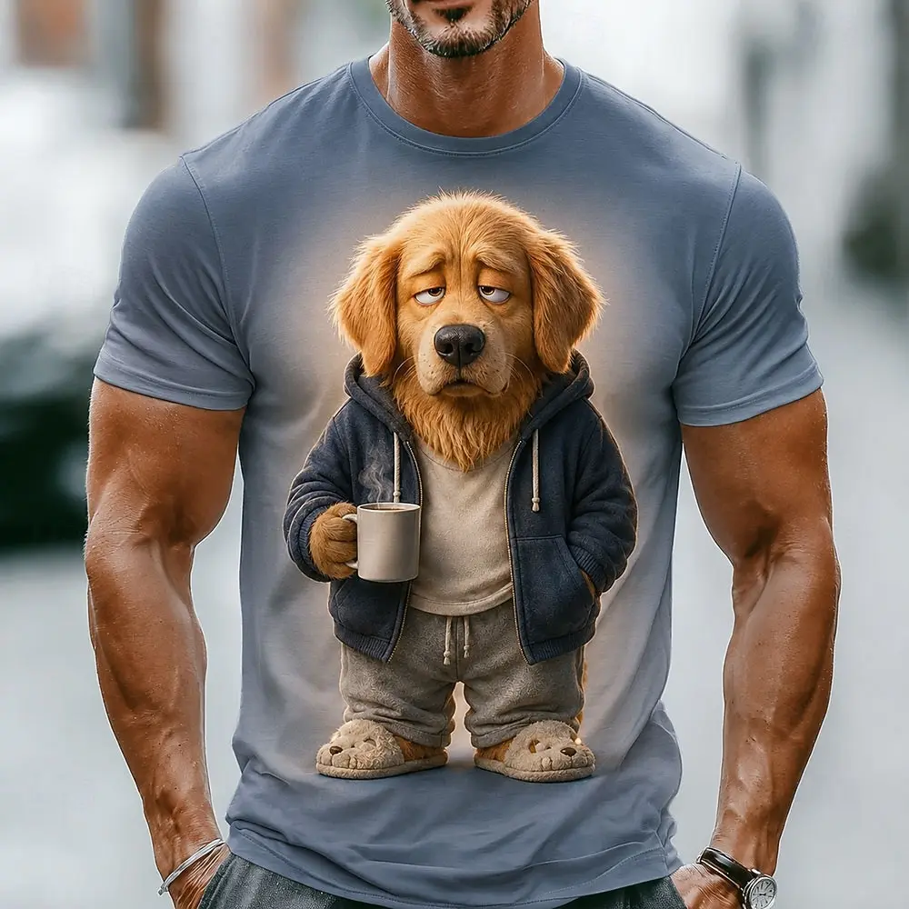 Men's Spring Summer 3D Printed Crew Neck Tee, Gradient Dressed Hippo Holding Coffee Cup Funny Cartoon Print Casual Daily Tee