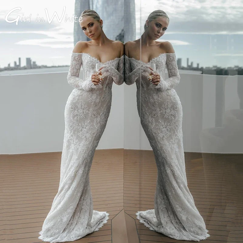 

Elegant Mermaid Wedding Dresses Off Shoulder Long Sleeves Lace Bridal Dress Sexy Backless Evening Wedding Gowns Customized