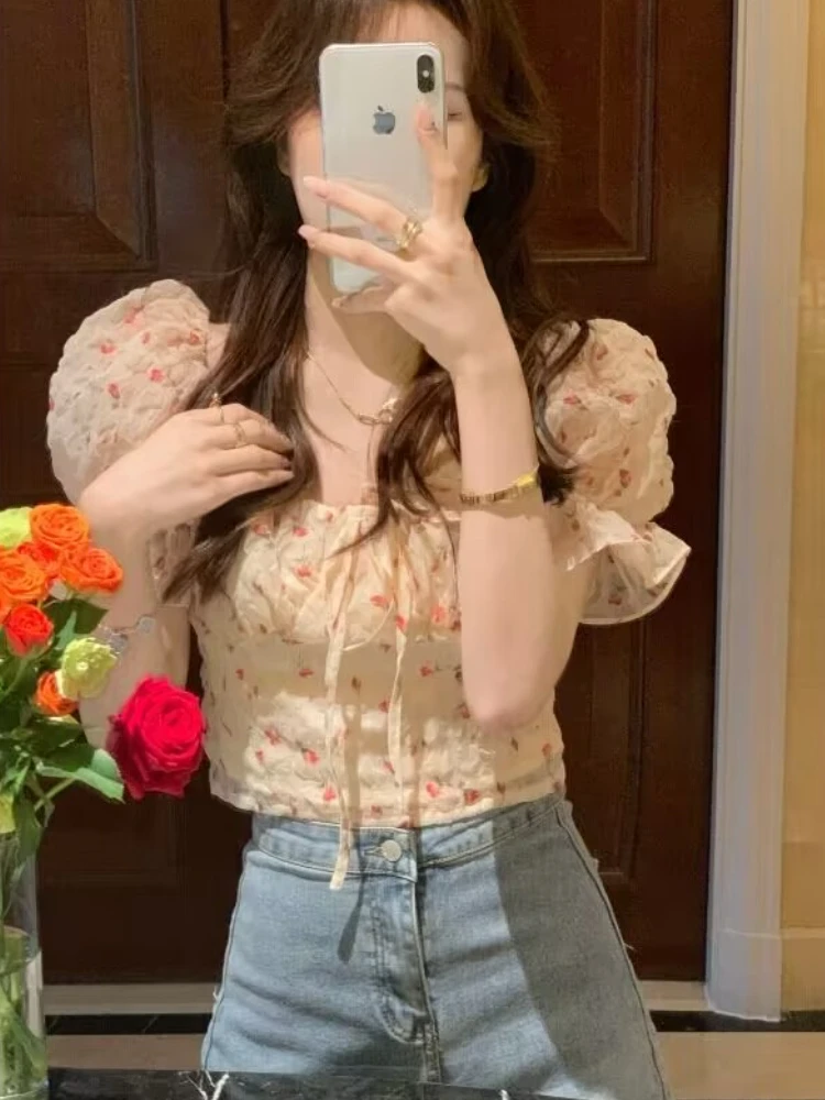 Blouses Women Print Students Daily Slim Summer Casual Kawaii Simple All-match Square Collar Korean Style Elegant Comfortable New