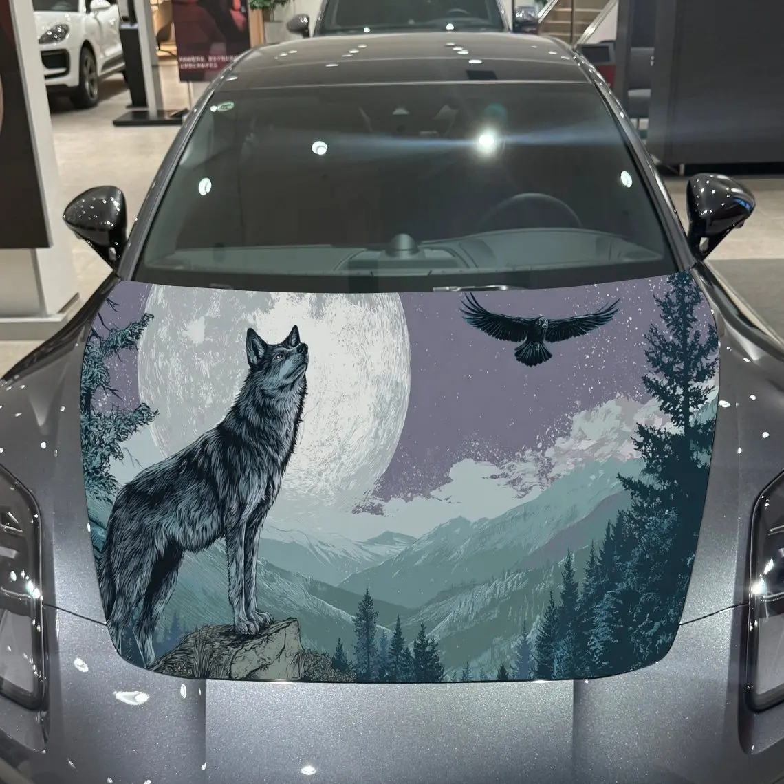 

Moonlit Wolf & Eagle Mystic Thrill PVC Car Engine Hood Vinyl Wraps, Self-Adhesive Waterproof Car Hood Decal Sticker, Car Decorat