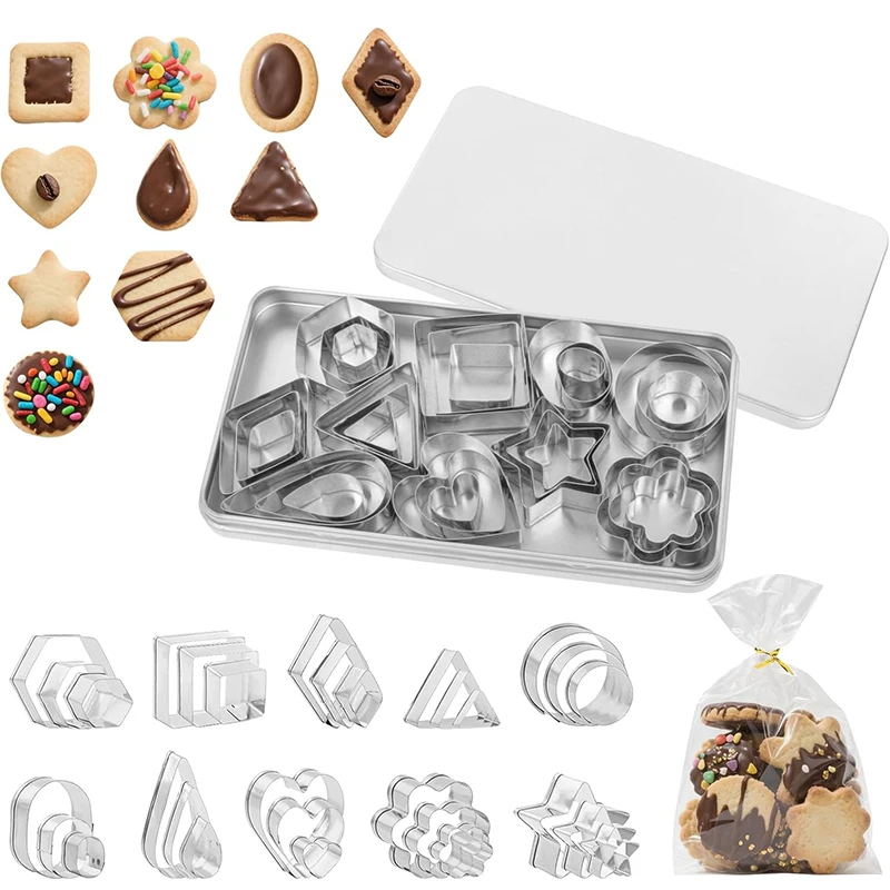 30Pcs Mini Cookie Cutters Set Stainless Steel Cookie Cutters Shapes with Box Star Triangle Cookie Biscuit Cutter Variety Pack