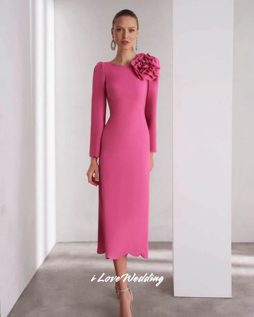 

Pink O-Neck Prom Dresses 2025 Satin Long Sleeve Flower Sheath Tea Length Pleated Elegant Dresses for Special Occasion Customized