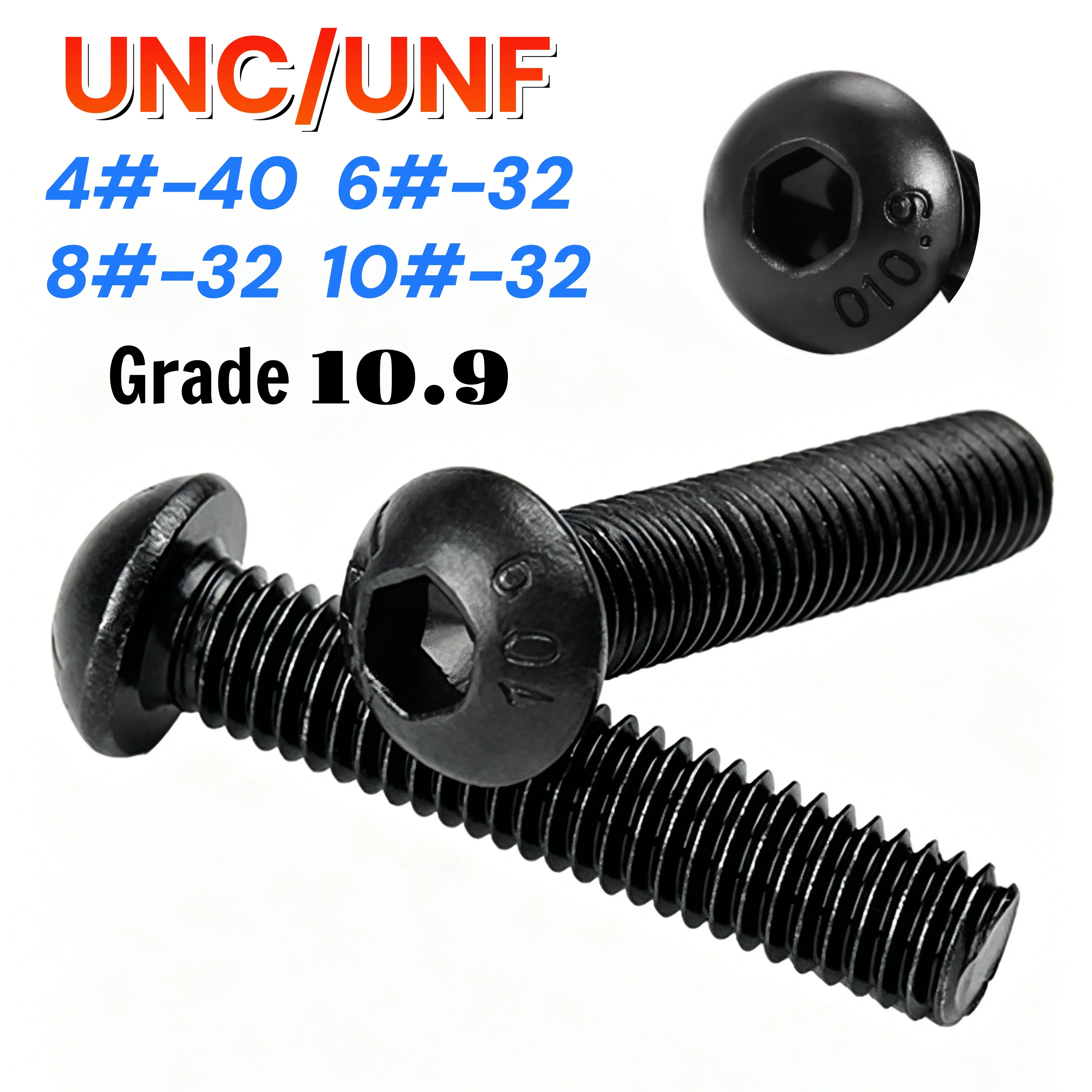 UNC/UNF American Standard 4#-40 6#-32 8#-32 10#-32 Black Grade10.9 Steel Hexagon Socket Round Head Screw Button Head Allen Screw