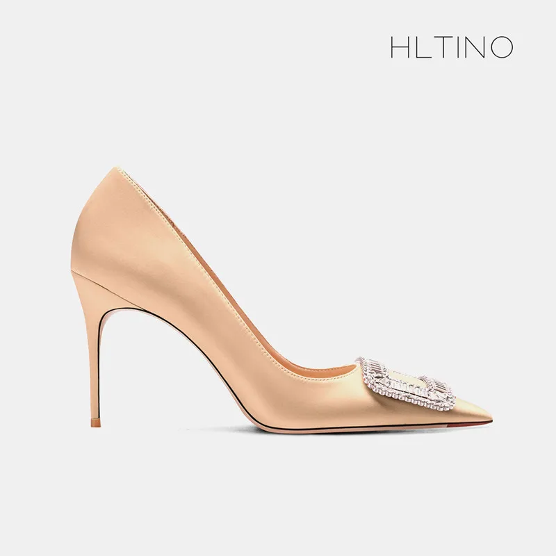 Décolleté Sexy in seta di qualità HLTINO con fibbia in strass moda tacchi alti Champagne per scarpe singole autunnali da donna eleganti