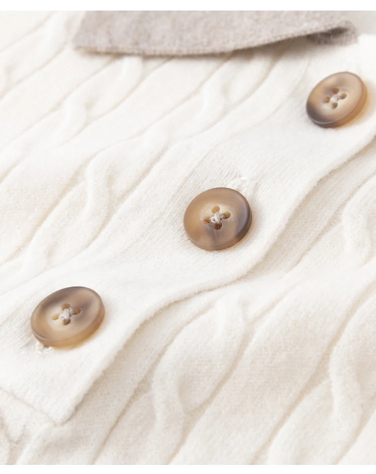 MZ62085 Damen-Pullover im Preppy-Stil mit Polokragen, Zopfmuster, kurzen Ärmeln, Kontrastkragen, Knopfdetails, Modal-Mischung, Oberteil für den frühen Herbst – Detail 19