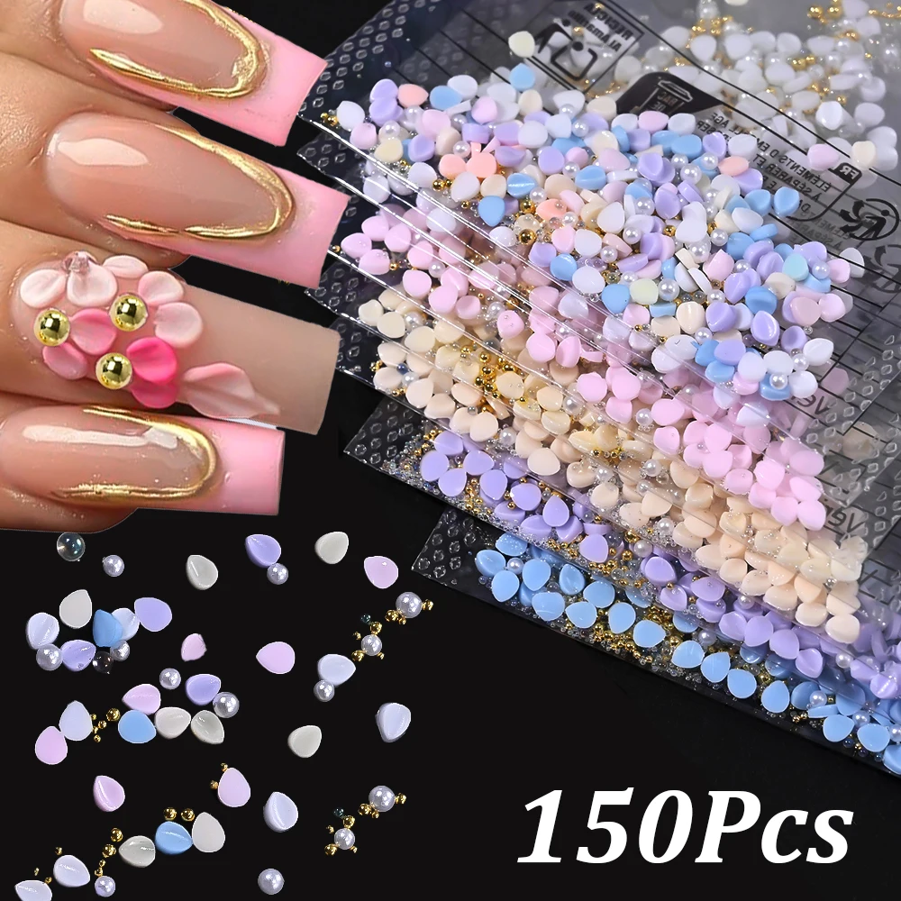 

150Pcs 3D Acrylic Flowers Petals Nail Charms Colorful Floral with Pearl Caviar beads Nail Rhinestones No Need Carving Painting#%