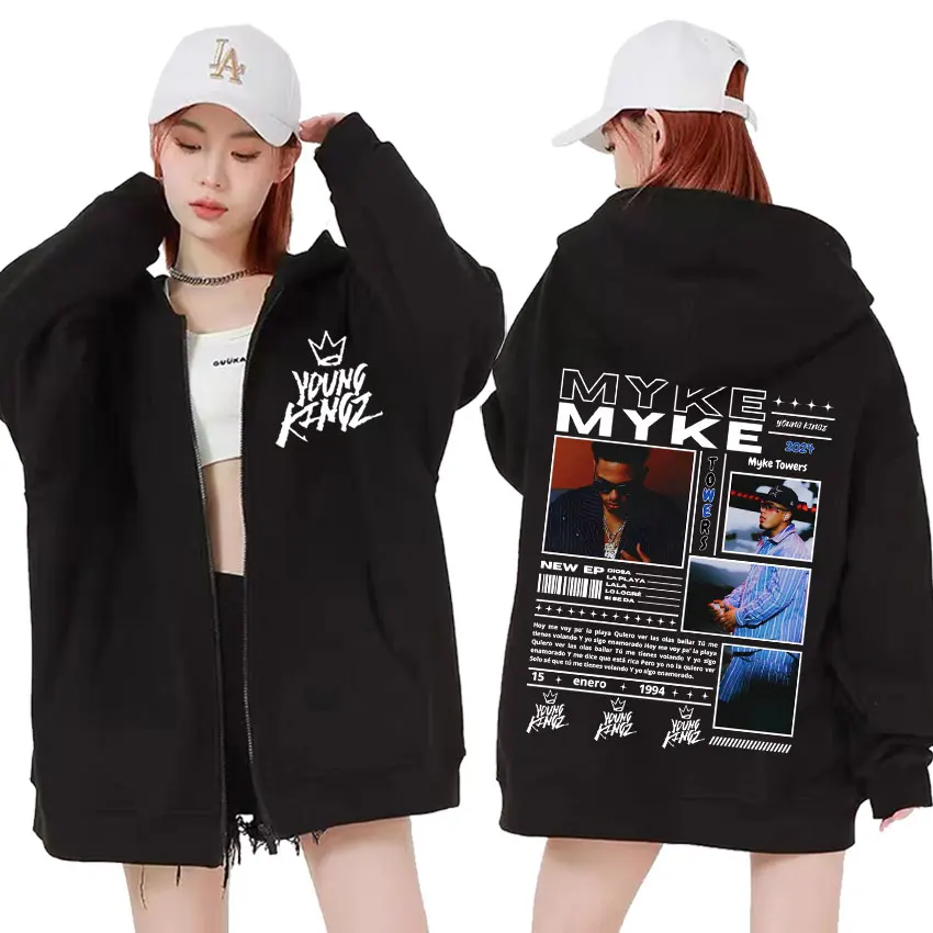 Rapper Myke Towers Album Cover Zipper Sweatshirt Men Vintage Hip Hop Jacket Hoodies Unisex Casual Fleece Pullovers Zip Up Hoodie