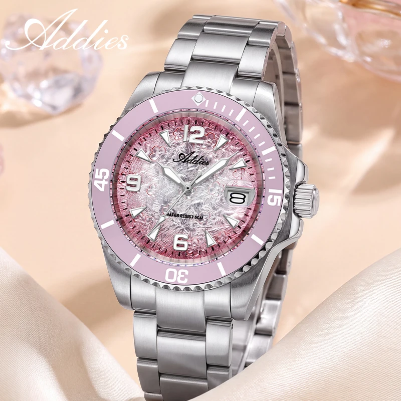 ADDIES 36mm Women Watches New Luxury 316L Stainless Steel Ceramic Bezel BGW9 Luminous 50m Waterproof Sport Watch for Woman Gift