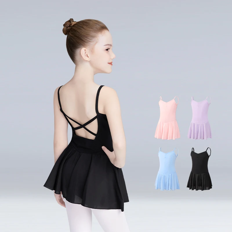 Kids Girls Ballet Dress Criss-cross Straps Camisole Gymnastics Leotard Full Lining Ballet Dance Leotards with Chiffon Skirt