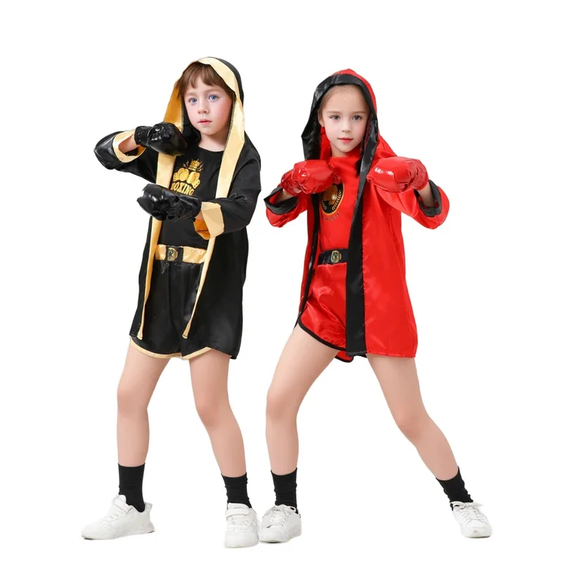 

Kids Career Day Red And Black Boxer Cosplay Uniform Costume With Boxing Gloves Halloween Carnival Party