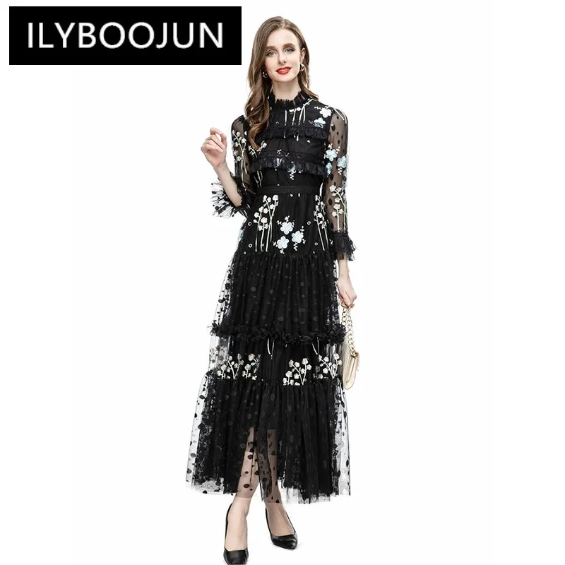 

ILYBOOJUN 2023 Summer Runway Designer Elegant Party Dress Women's Black Round Neck Cascading Ruffle Print Splice Lace Dress