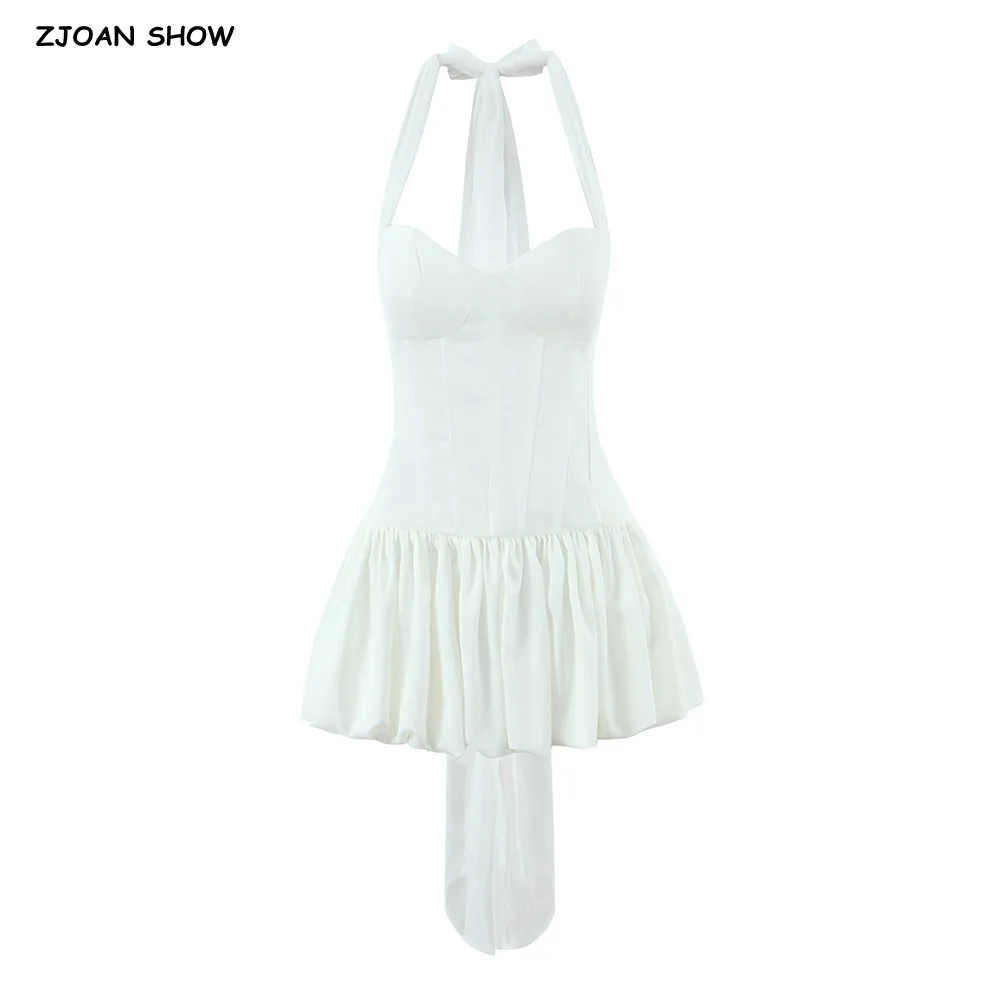 새로운 섹시한 화이트 새틴 패드 브라 리본 타이 보우 홀터 슬링 드레스 여성용 본딩 슬림 로우 웨이스트 볼 가운 BUD 드레스 여성 의류