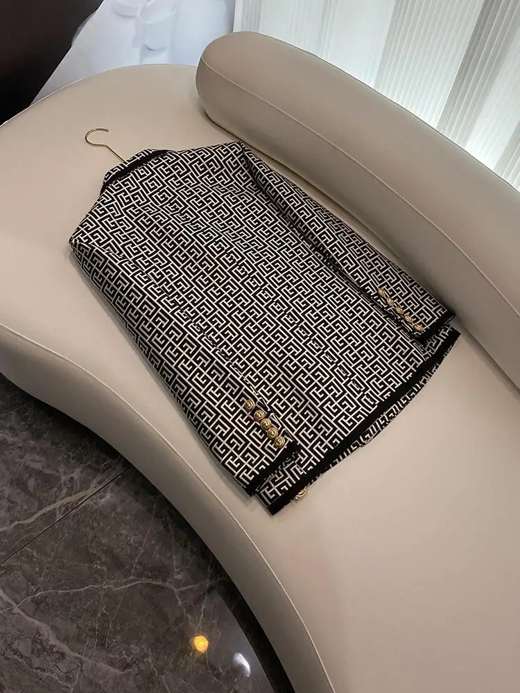 

Ele Bla Maze Pattern Tka Костюм с вышивкой и отделкой Женский костюм Sli Commute Wind Slim Fit Long Sve с двойной пуговицей