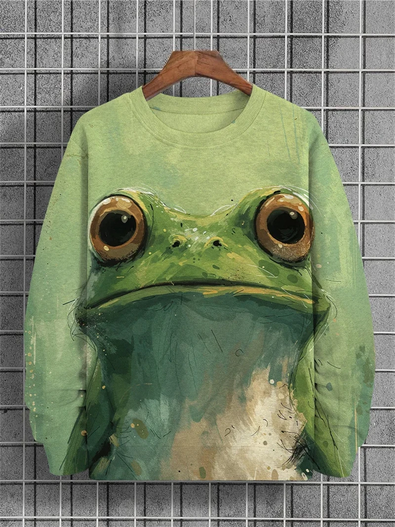 3D Print Cute Cat Graphic Sweatshirt For Men Frog Pattern O-Neck Hoodie Spring Autumn Street Long Sleeved Loose Pullovers New