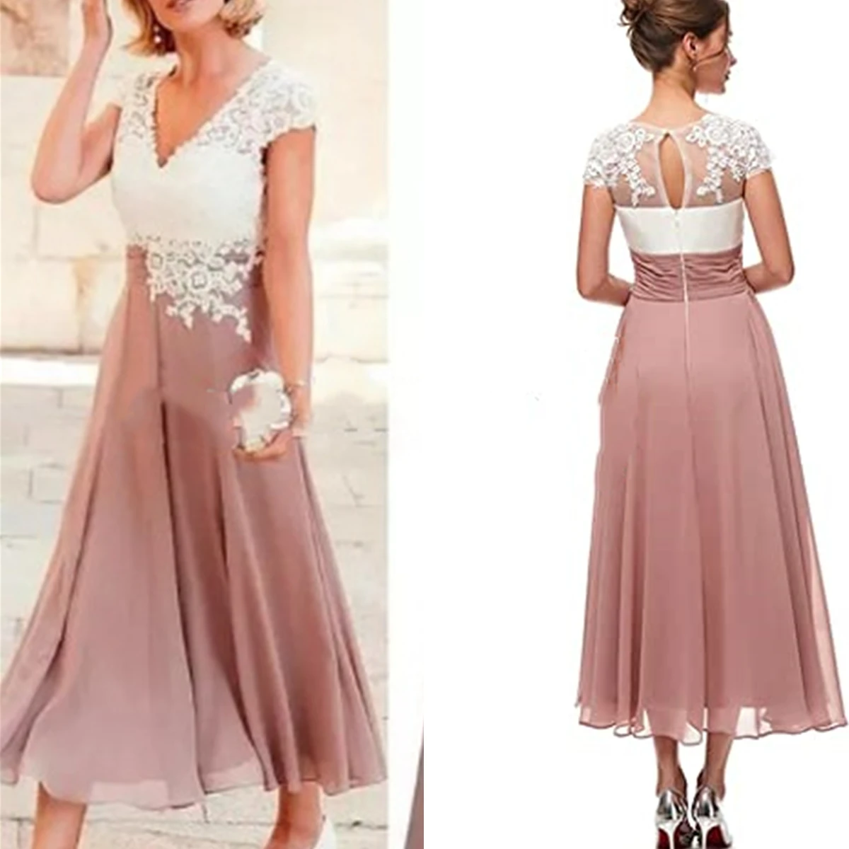 Zomer Chiffon Avondjurken A Line V-Hals Korte Mouwen Kant Appliques Top Klassieke Thee Lengte Moeder Van De Bruid Jurken