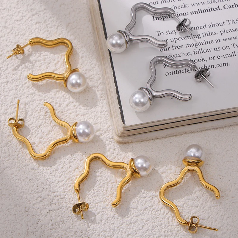 

PAPERPLUS | Elegant Pearl Earrings for Women.Stainless Steel Geometric Shape.Gold Color.1Pair. Have A Sense of Design.New