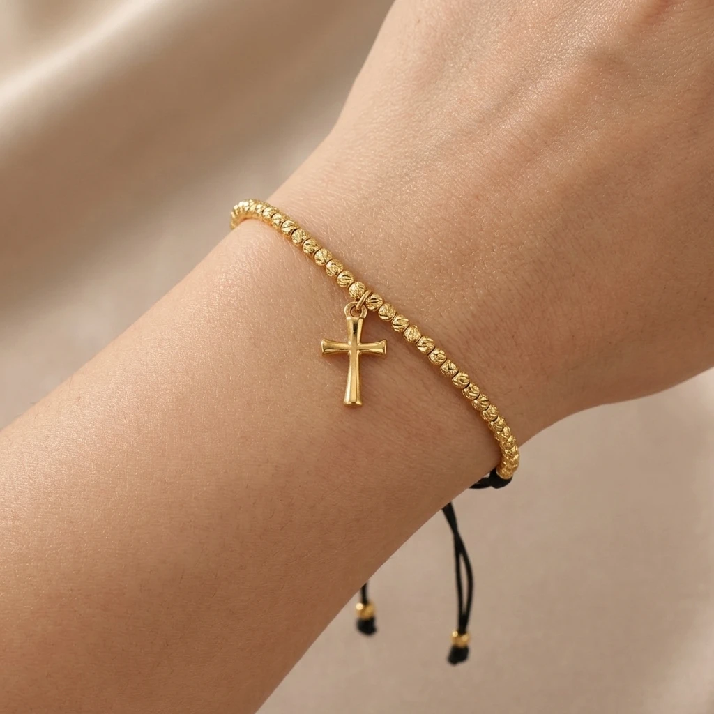 

1pc Stainless Steel Cross Beaded Bracelet Bohemian Adjustable Rope Chain For Men Women