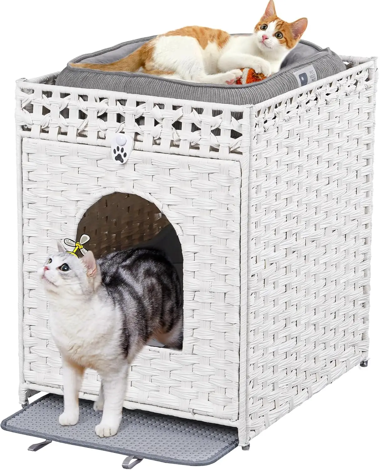 

Плетеная из ротанга лежанка-контейнер для кошек с дверцей и ковриком, мебель для домашних животных для гостиной или спальни, белая