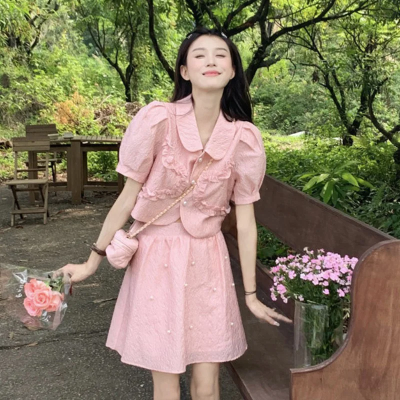 

Новинка лета 2023, женская одежда, маленькое платье премиум-класса, милое Очаровательное платье-топ, розовый комплект из двух предметов