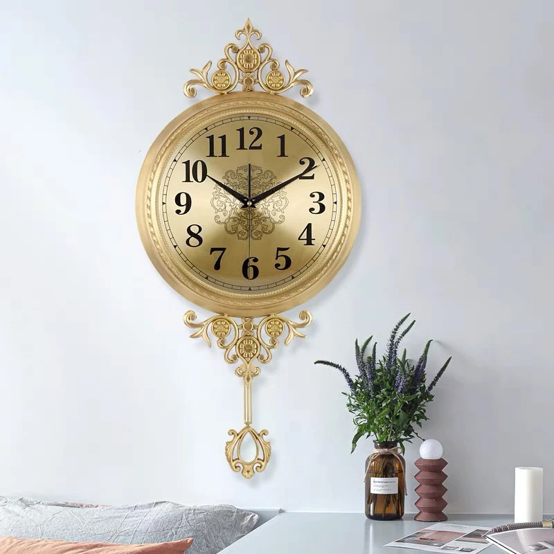 Brass Wall Clocks Silent Movement Living Room Quartz Clock European Wall-mounted Clocks Luxury Retro Household Decoration Clock