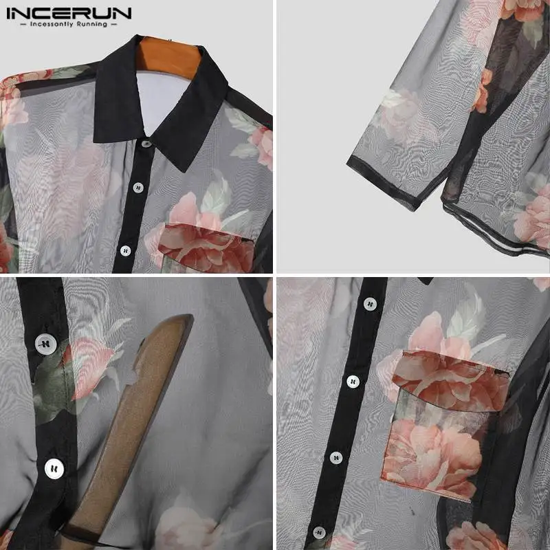 INCERUN Tops 2024 American Style Men\'s Chiffon Printed Pattern Shirts Sexy Male See-through Thin Long Sleeved Lapel Blouse S-5XL