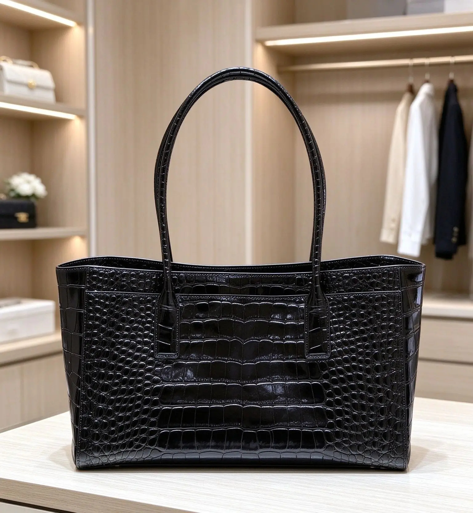 Unisex Black Crocodile Embossed Tote Bag Glossy Faux Leather Large Capacity Open Top Design Long Shoulder Handles Front Pocket Casual Daily Work Shopping Shoulder Handbag