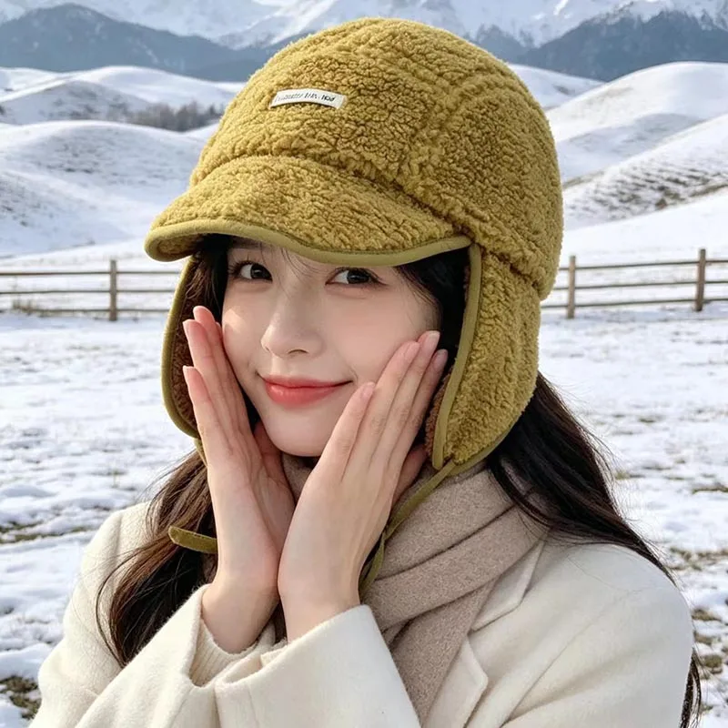 Winter Simple Plush Ear Protector Pilot Caps Outdoor Cycling Lamb Wool Warm Windproof Lace-up Bomber Hats for Men and Women