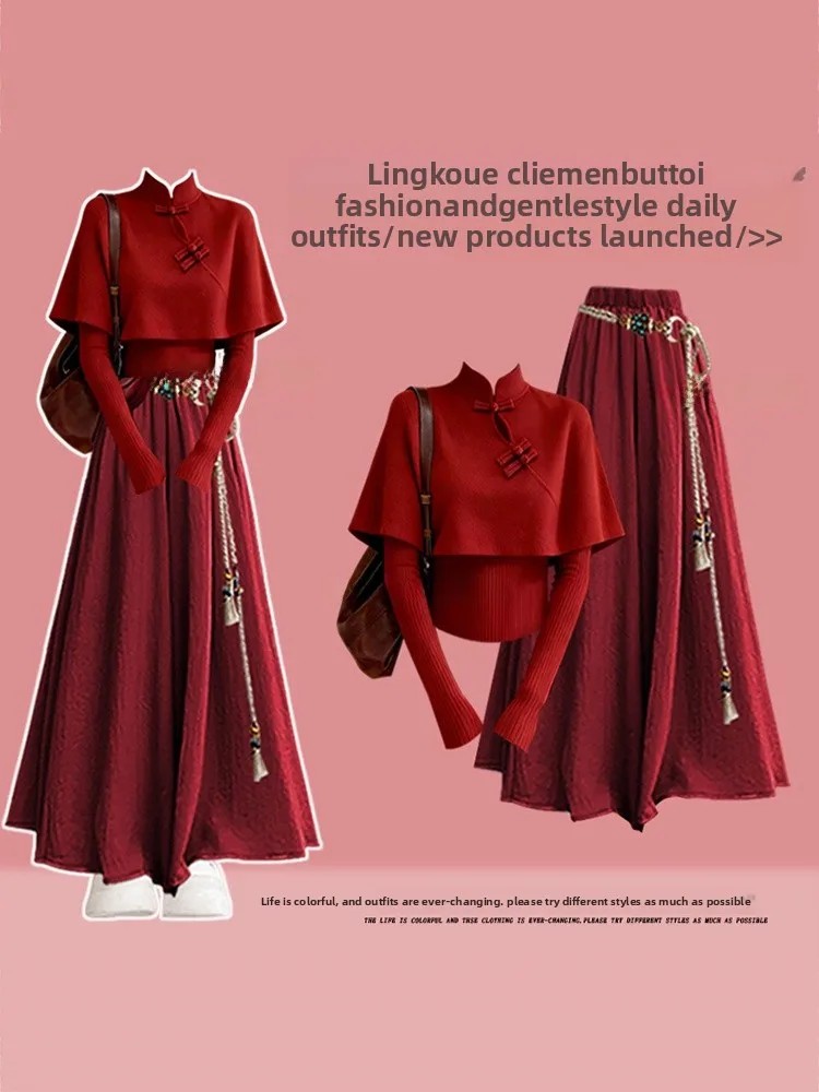 

Cisas Red Knitted Sweater And Casual Skirt Tee Piece Set Women's Autumn Winter Faion Ensemble High Waist Long Skirt