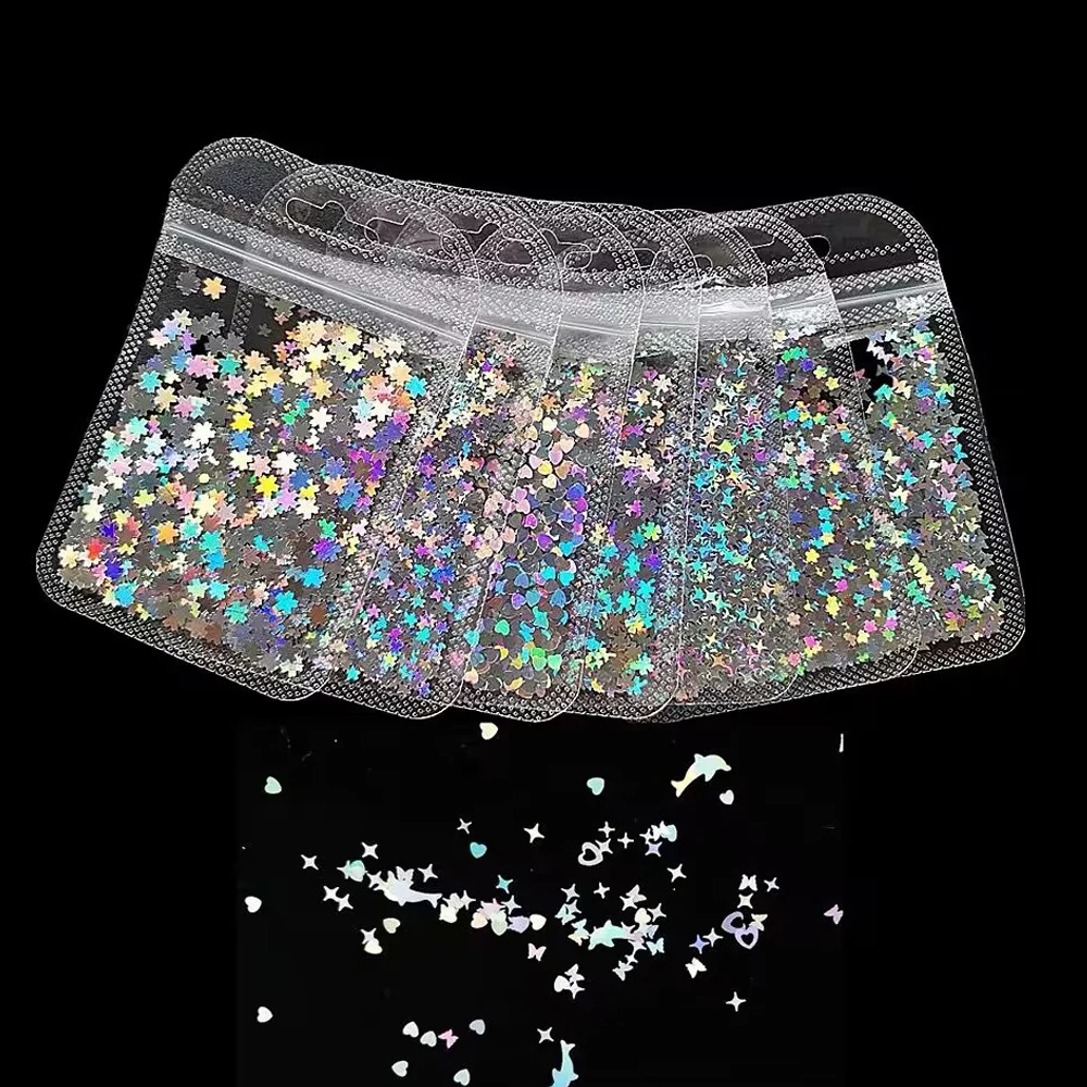 10g Laser Silver Star Nail Glitter Sequins 3D Holographic Stars Butterfly Sparkle Flakes DIY Body Eye Bling Manicure Party Parts