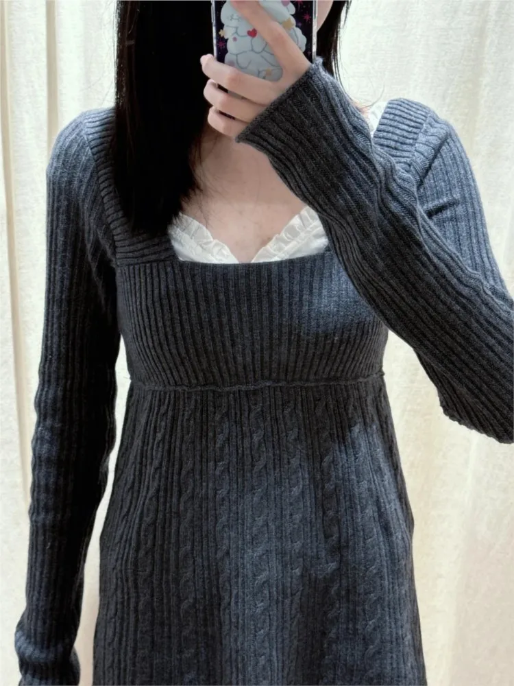 

Gray Babydoll Sweaters Women Simple Casual Raw Hem Square Neck Long Sleeve Pullover Retro Sweet Preppy Style Knitted Tops Y2K