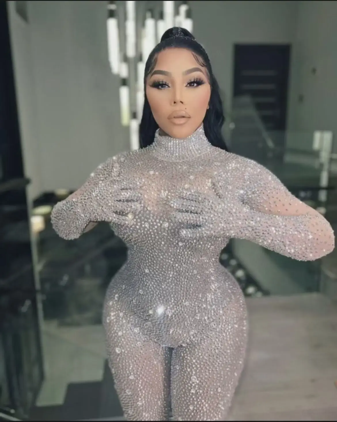 Shining Full Silver Stones Gloves Bodysuit Rhinestones Pants Jumpsuit Birthday Celebrate Leotard Outfit  Sexy Costumes shizuan