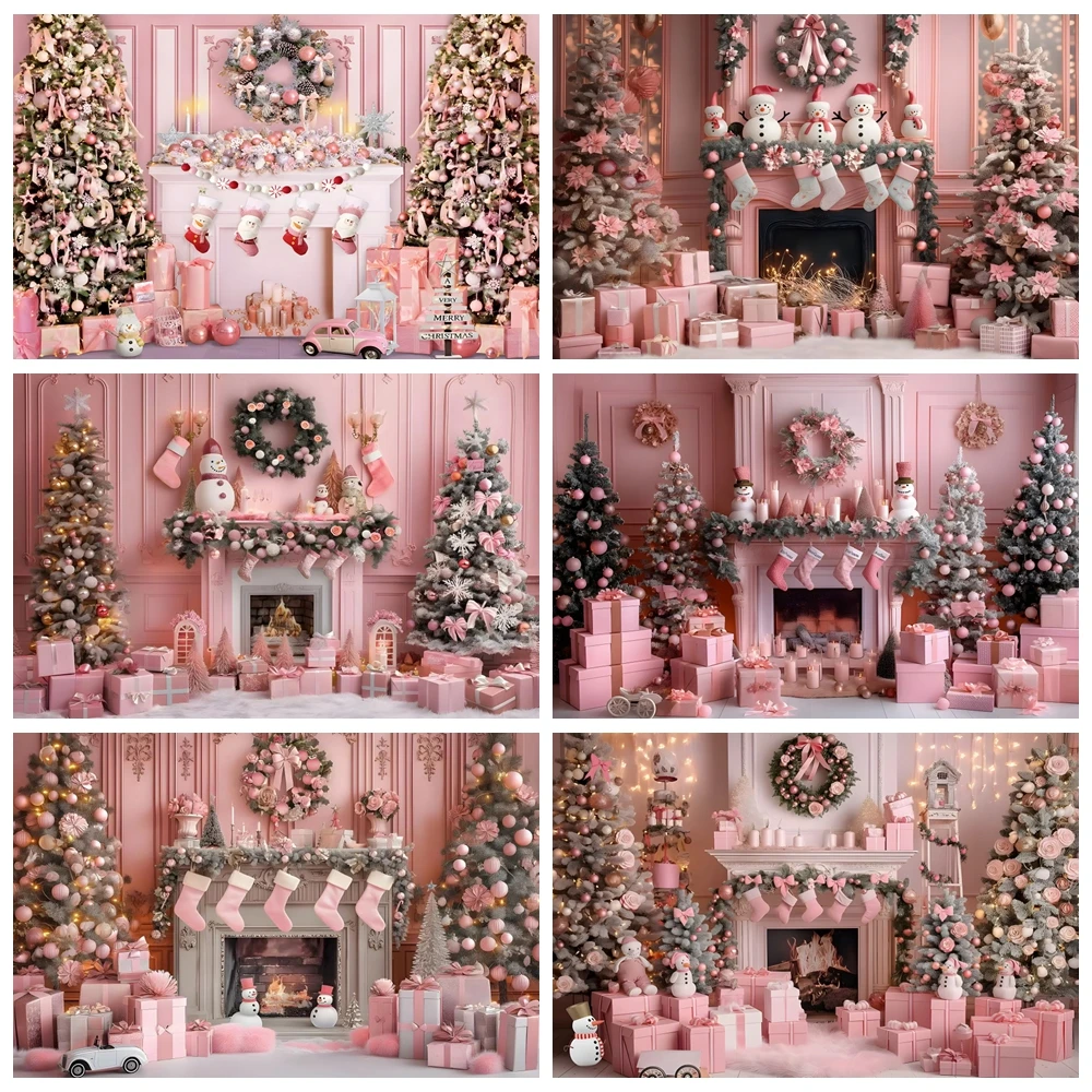 

Pink Christmas Photography Backdrop Fireplace Gift Christmas Tree Wreath Snowman Kid Family Portrait Xmas Photo Background Decor