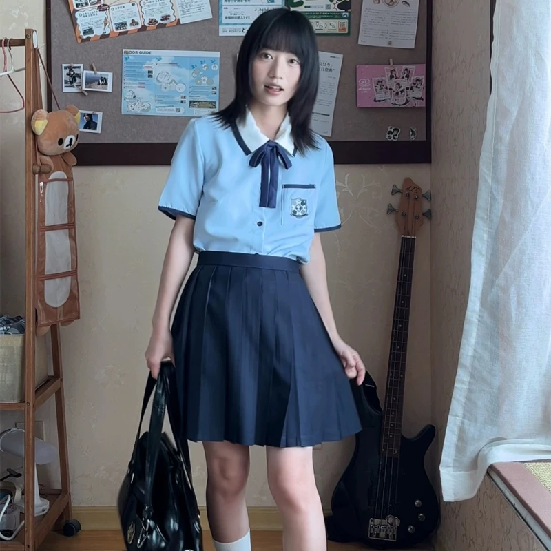 นักเรียนจีน Jk ชุดแขนสั้น 3 ชิ้นชุดสําหรับหญิงเกาหลีไต้หวัน High School เสื้อผ้าสีฟ้ากะลาสีเสื้อจีบกระโปรง