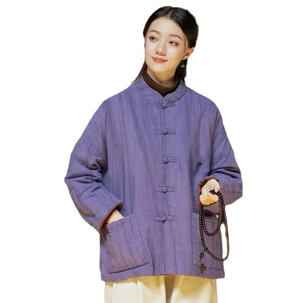 

Women's Quilted Jacket Chinoiserie Retro Stand-Up Collar Handmade Tie-Dye Zen Cotton Coat New Winter Styles 25 Buckles