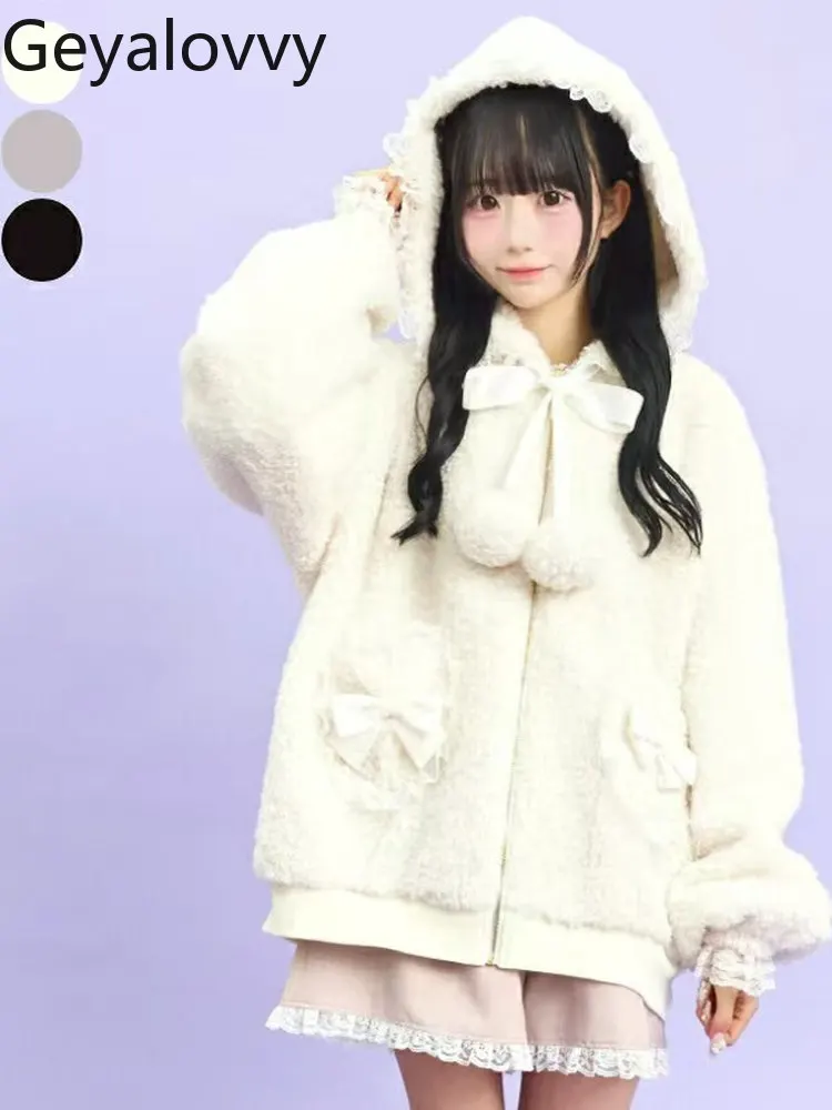 

New Winter Warm Jackets for Women Cute Lolita Japanese Style Sweet Cute Casual Fluffy Mass-Produced Versatile Hooded Thick Coats