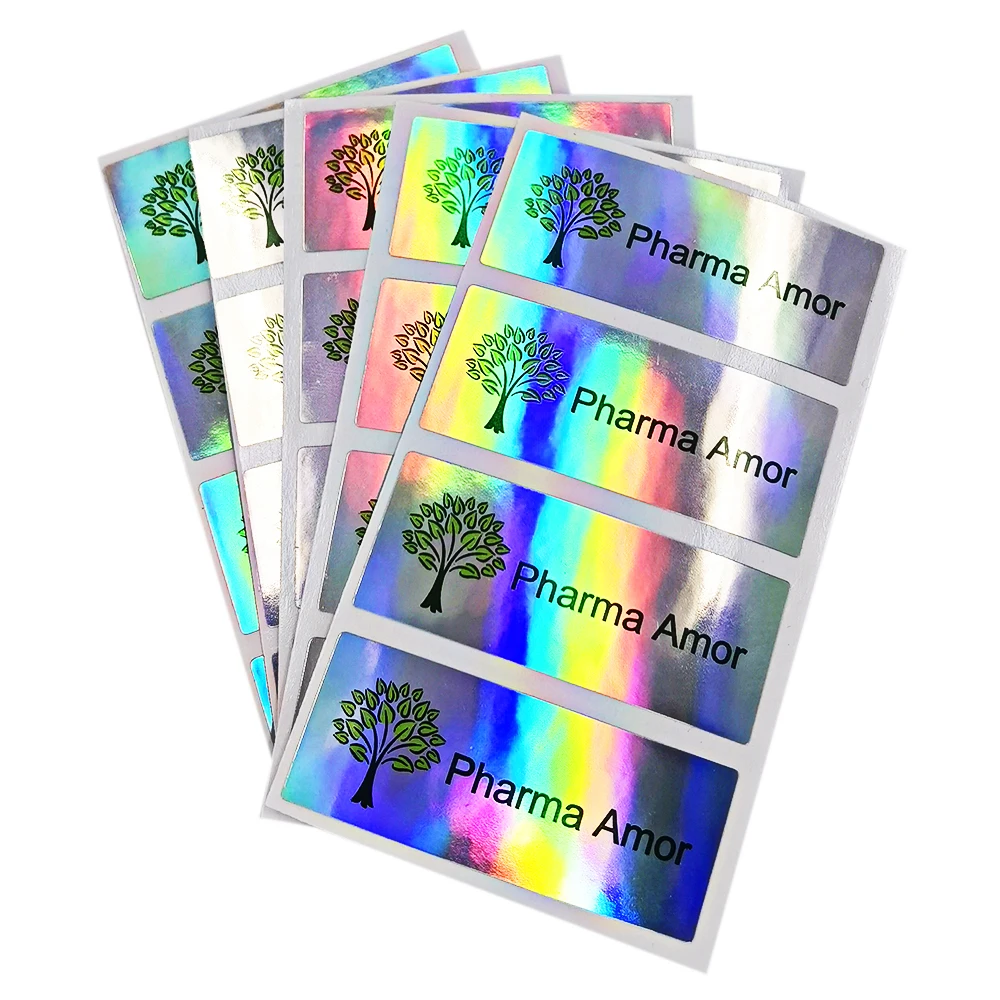 100pcs 50x20mm Custom Printing 2D Silver Holographic Shiny Stickers Self Adhesive Water proof With Your Business Name Brand Logo