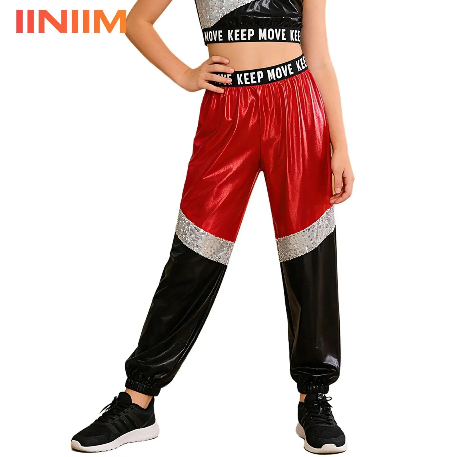 

Детские брюки для девочек в стиле диско, костюм для танцев в стиле хип-хоп, джаз, с буквенным принтом, эластичный пояс, блестящие пайетки, металлические брюки с цветными блоками