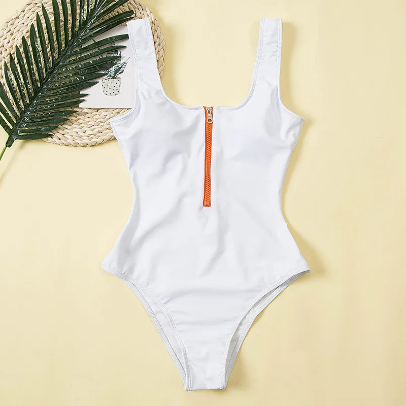 Sexy Bikini One Piece Swimsuits Women Zipper Swimwear Solid Padded Bra Bathing Suit Tropical Surfing Sport Bodysuit Female