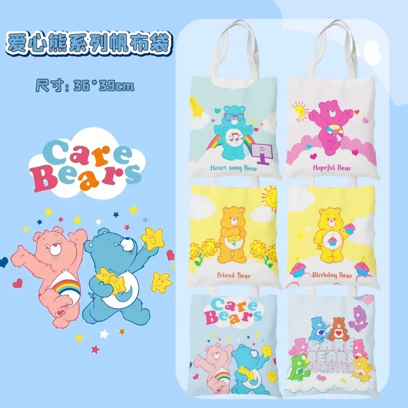 New 36*39cm Kawaii Care Bears Rainbow Care Bear Shoulder Bag Canvas Bag Japanese Cartoon Girl Heart Cute Large Capacity Bag