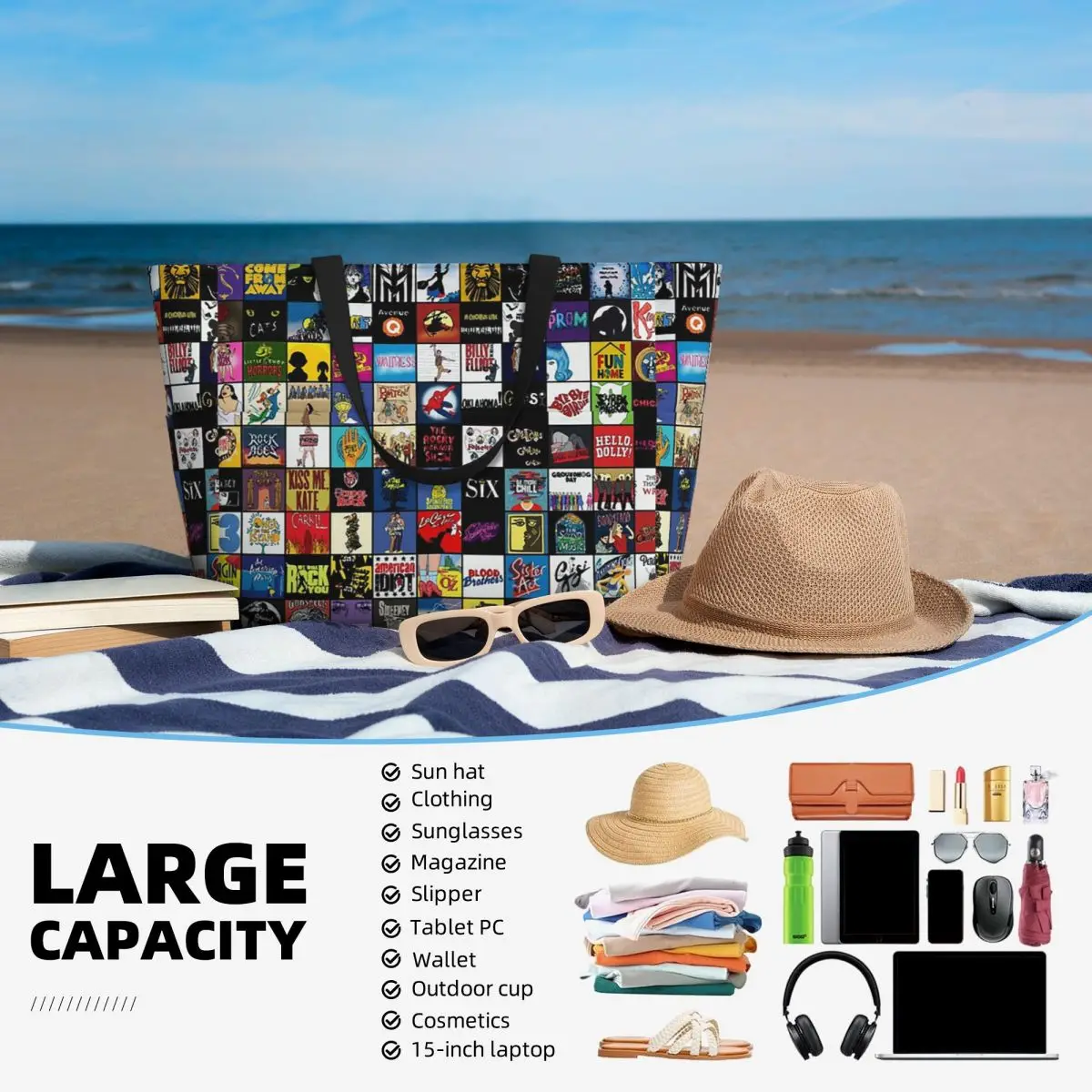 شعارات المسرح الموسيقي من برودواي - حقيبة حمل على الشاطئ مرسومة يدويًا، حقيبة رياضية للصالة الرياضية واليوجا، حقيبة حمل كبيرة للنساء، حقيبة سفر للياقة البدنية #5